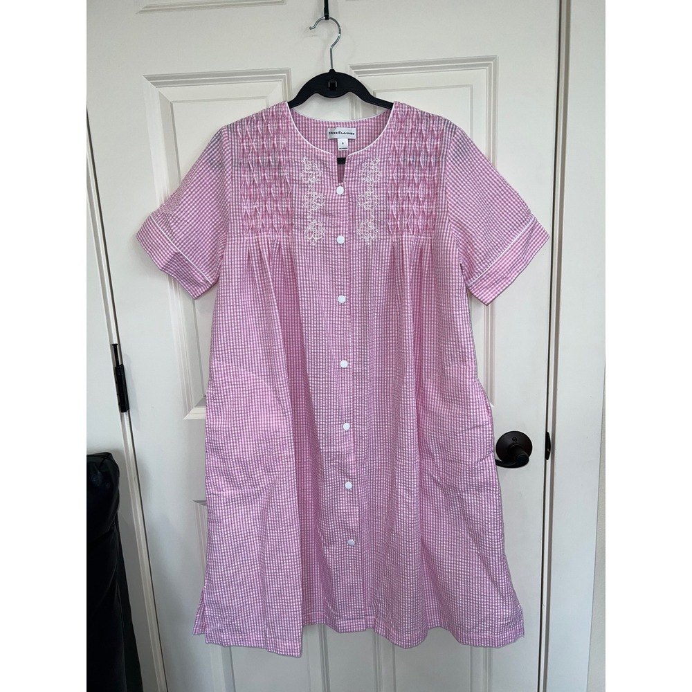 Miss Elaine Short Sleeve Seersucker‎ Snap Front Pink White Robe Size Small